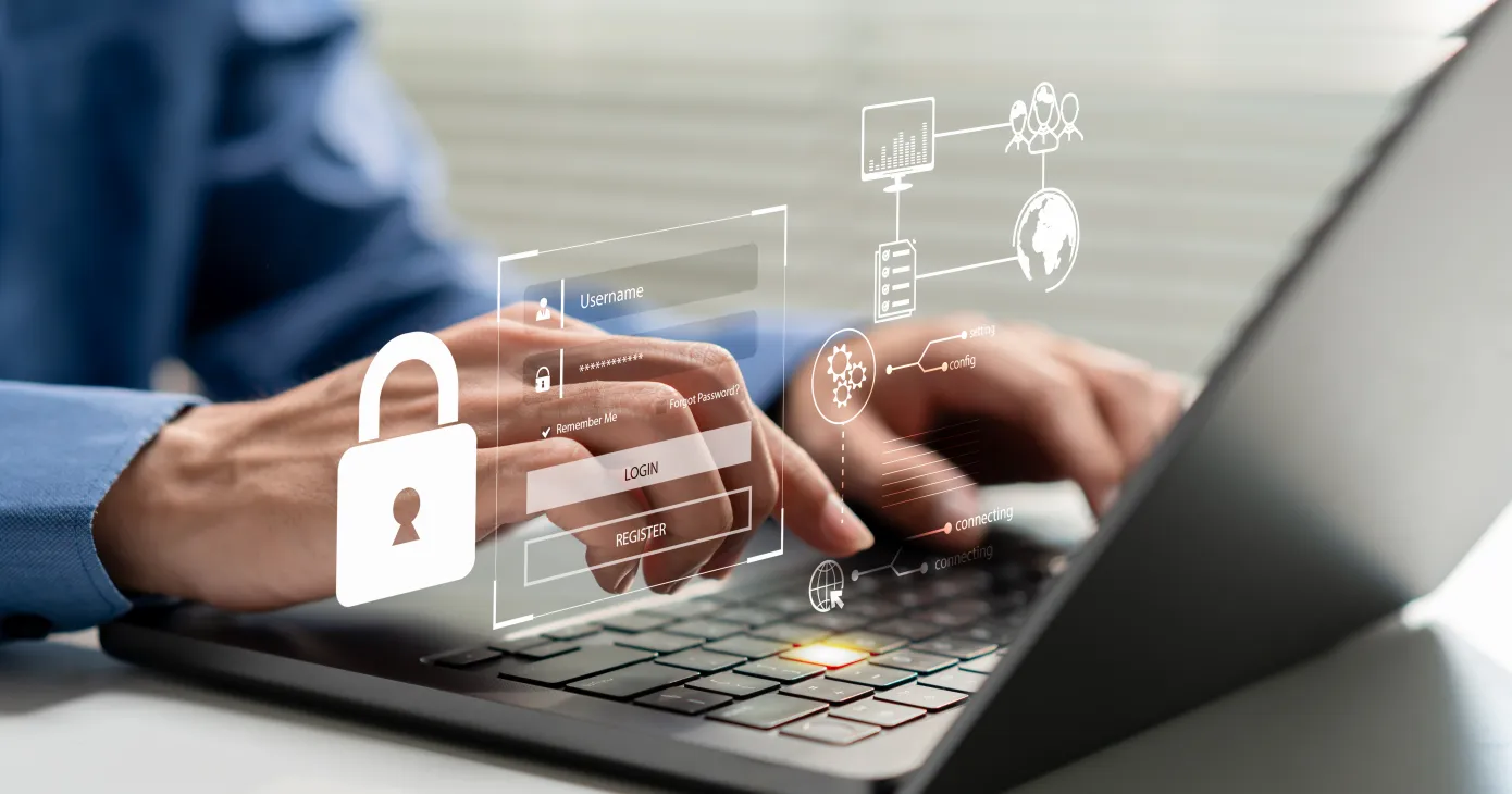 Businessman using laptop with cybersecurity login interface, digital padlock and password authentication, illustrating secure access, data protection and online privacy technology.