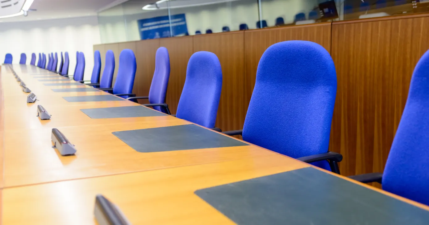 Rows of seats in the European Court of Human Rights in Strasbourg